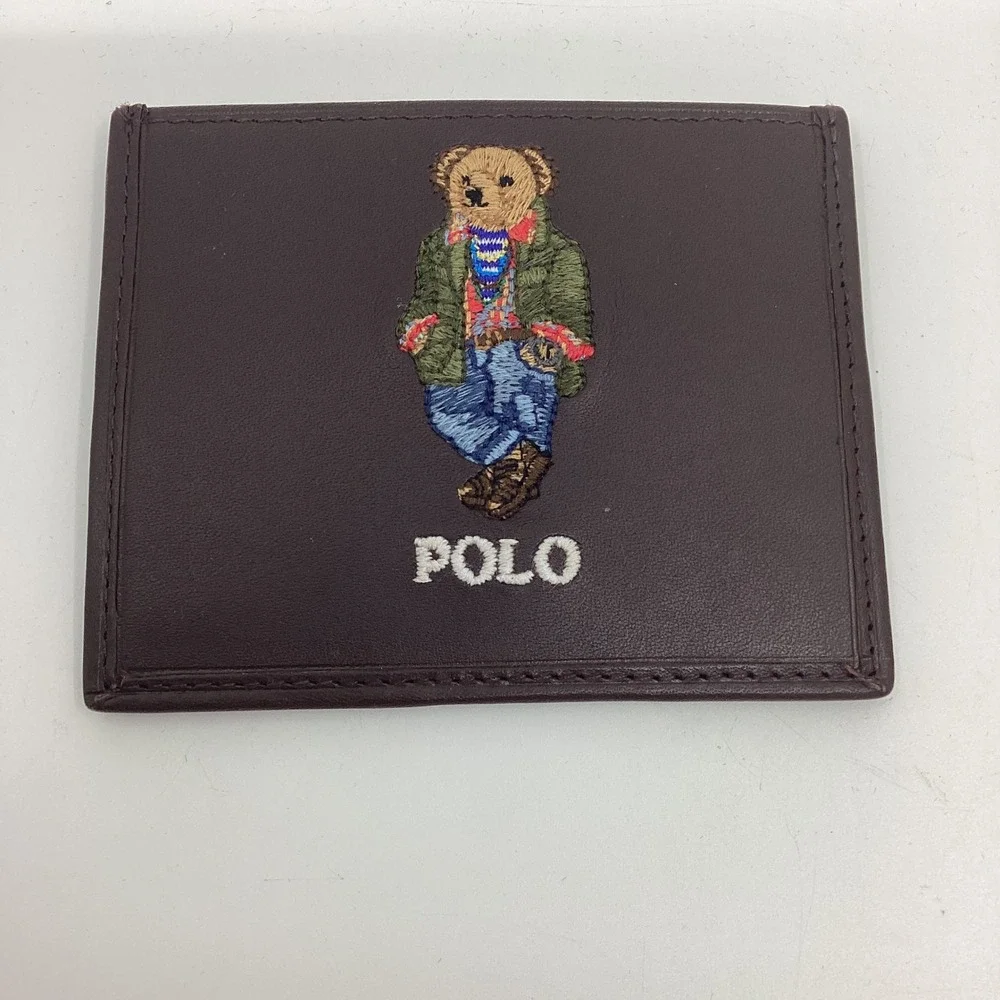 Polo Ralph Lauren Polo Bear Leather Card Case Wallet Dark Brown New